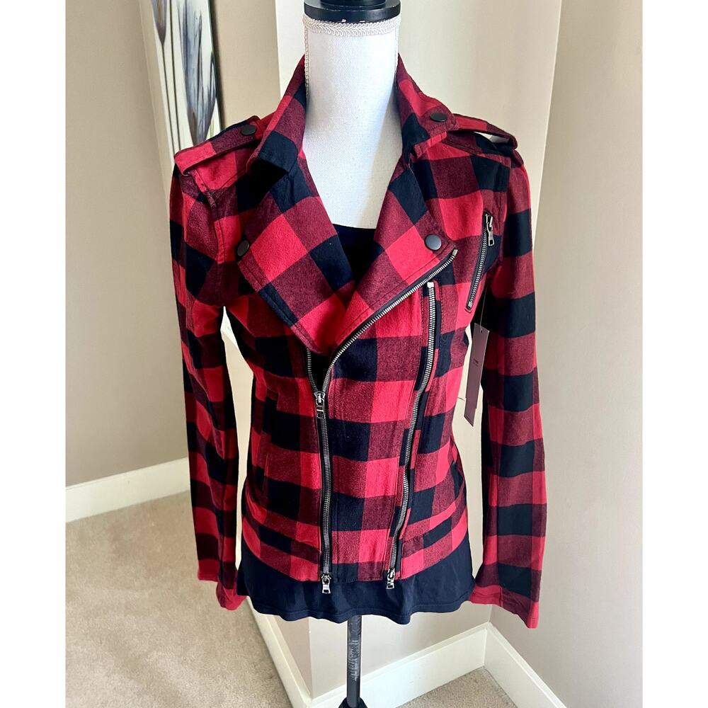 NWT Hudson Cynic red & black plaid asymmetric moto jacket size S - Picture 1 of 7